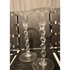 Ceska‎ Crystal Candlestick Holders Pair Twisted Stem Clear Glass 9.5" Vintage